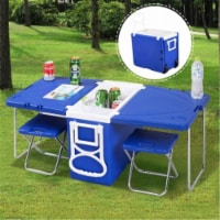 CB16884 Outdoor Picnic Camping Rolling Cooler with Table & 2 Chairs, Blue