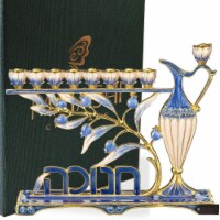 Hand Painted Blue Enamel Menorah Candelabra with Hebrew Hanukkah Design and Embellished