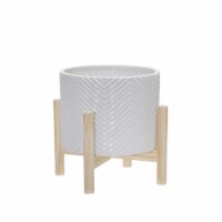 8  Ceramic Chevron Planter W/ Wood Stand, White