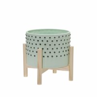 8  Ceramic Dotted Planter W/ Wood Stand, Green