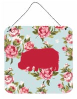 Hippopotamus Shabby Chic Blue Roses Wall or Door Hanging Prints, Blue