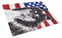 Black and White Collie with American Flag USA Glass Cutting Board Large