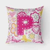 Letter P Flowers and Butterflies Pink Fabric Decorative Pillow