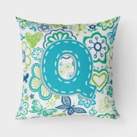 Letter Q Flowers and Butterflies Teal Blue Fabric Decorative Pillow