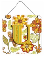 Letter U Floral Mustard and Green Wall or Door Hanging Prints