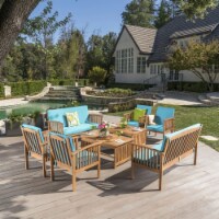 Cape Town Outdoor 8 Piece Acacia Wood Sofa Set with Water Resistant Cushions teal
