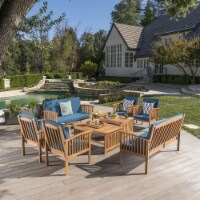 Cape Town Outdoor 8 Piece Acacia Wood Sofa Set with Water Resistant Cushions dark teal
