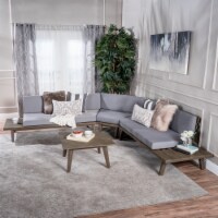 Emmory Indoor Minimalist V Shaped 4 Piece Grey Finished Acacia Wood Sectional Sofa Set with