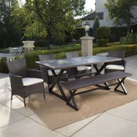 Owenburg Outdoor 6 Piece Aluminum Dining Set with Bench and Wicker Dining Chairs