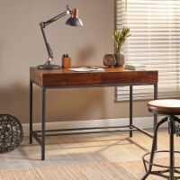 Elrod Industrial Dark Oak Acacia Wood Storage Desk with Rustic Metal Iron Accent