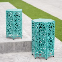 Elliot Outdoor 12 Inch and 14 Inch Crackle Green Sunburst Iron Side Table Set Crackle Teal