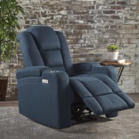 Everette Tufted Navy Blue Fabric Power Recliner with Arm Storage and USB Cord