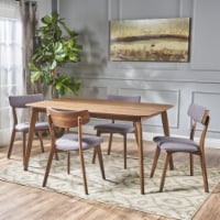 Aman Mid Century Finished 5 Piece Wood Dining Set with Fabric Chairs Light Beige