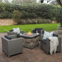 Livingston Outdoor 4 Pc Club Chair Set withWater Resistant Cushions & Firepit Brown