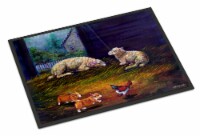Corgi Chaos in the barn with sheep Indoor or Outdoor Mat 24x36