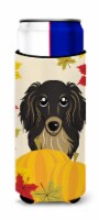 Longhair Black and Tan Dachshund Thanksgiving Ultra Hugger for slim cans