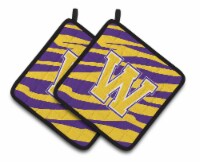 Letter W Monogram - Tiger Stripe - Purple Gold Pair of Pot Holders