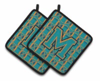 Letter M Football Aqua, Orange and Marine Blue Pair of Pot Holders
