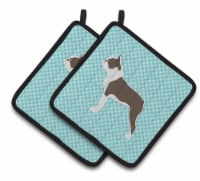 Carolines Treasures  BB3744PTHD Boston Terrier Checkerboard Blue Pair of Pot Hol