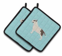 Carolines Treasures  BB3778PTHD Bull Terrier Checkerboard Blue Pair of Pot Holde
