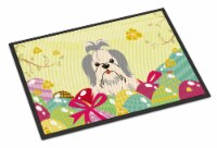 Carolines Treasures BB6085MAT Easter Eggs Shih Tzu Silver White Doormat 18x27