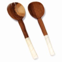 Jedando KWF009WE Olive Wood Salad Servers with Bone Handles, White with Etching Design