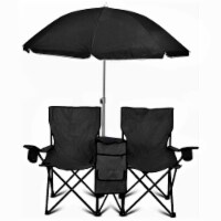 GoTeam Double Folding Camping Chair Set w/ Shade Umbrella & Cooler Bag, Black