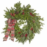Garden Elements Fresh Christmas Live Frasier Fir Wreath With Bow/Accessories, Red Plaid, 22