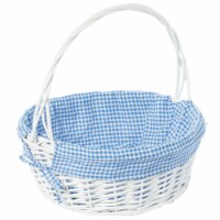 White Round Willow Gift Basket, with Blue and White Gingham Liner and Handles blue large