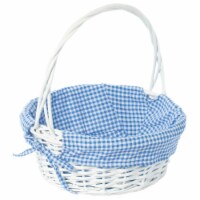 White Round Willow Gift Basket, with Blue and White Gingham Liner and Handles blue medium