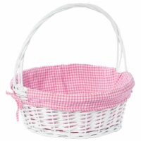 White Round Willow Gift Basket, with Blue and White Gingham Liner and Handles pink large