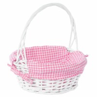 White Round Willow Gift Basket, with Blue and White Gingham Liner and Handles pink small