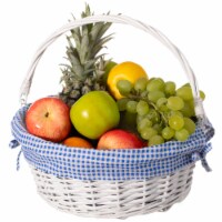 Traditional White Round Willow Gift Basket with Gingham Liner and Sturdy Foldable Handles,