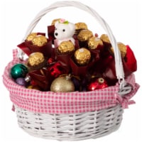 Traditional White Round Willow Gift Basket with Gingham Liner and Sturdy Foldable Handles,