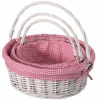 Traditional White Round Willow Gift Basket with Gingham Liner and Sturdy Foldable Handles,