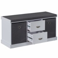 MDF Storage Box Shoe Bench with 2 Shelves, Foldable Baskets and a Gray Cushion, White