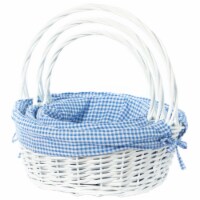 White Round Willow Gift Basket, with Blue and White Gingham Liner and Handles blue set of 3