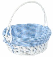 White Round Willow Gift Basket, with Gingham Liner and Handle large blue