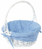 White Round Willow Gift Basket, with Gingham Liner and Handle small blue