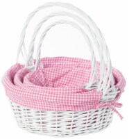 White Round Willow Gift Basket, with Gingham Liner and Handle set of 3 pink