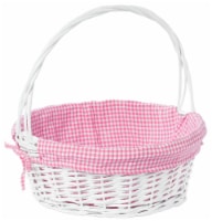 White Round Willow Gift Basket, with Gingham Liner and Handle large pink