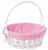 White Round Willow Gift Basket, with Gingham Liner and Handle large pink