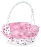 White Round Willow Gift Basket, with Gingham Liner and Handle small pink