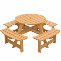 Wooden Outdoor Patio Garden Round Picnic Table with Bench, 8 Person stained