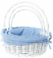 White Round Willow Gift Basket, with Gingham Liner and Handle set of 3 blue