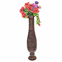 Antique Hand Curved Brown Mango Wood Floor Flower Vase Trumpet Design with Textured Pattern Perspective: Main