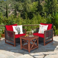 3PCS Rattan Wicker Patio Conversation Set Outdoor Furniture Set w/ Red Cushion