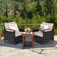 3PCS Patio Wicker Rattan Conversation Set Outdoor Furniture Set w/ Beige Cushion