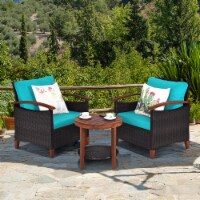 3PCS Patio Wicker Rattan Conversation Set Outdoor Furniture Set w/ Turquoise Cushion