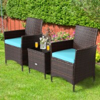 3PCS Outdoor Rattan Conversation Set Patio Furniture Set w/ Blue Cushions